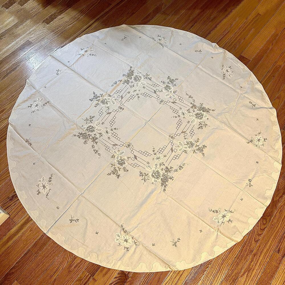 New VTG Madeira Style Round Linen Tablecloth 64.5” + 8 Napkins Appliqué Floral